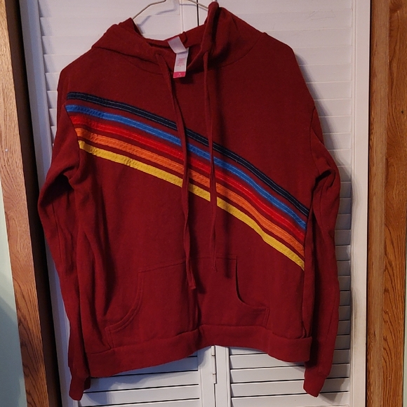 No Boundaries Tops - No Boundaries Dark Red Hoodie with Colorful Stripes